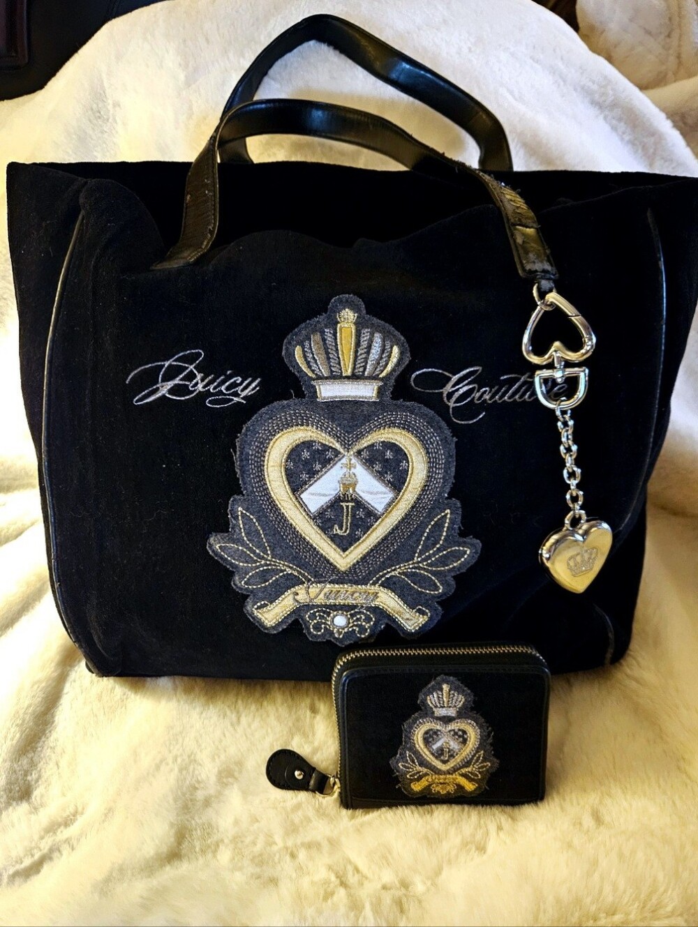 2 Pc. Juicy Couture Y2k Black Gold Velvet Tote Bag with Matching Wallet